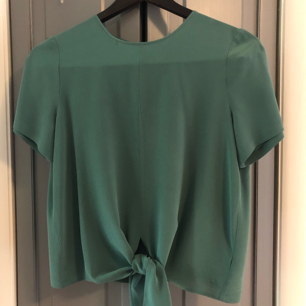 Madewell green silk tie front, button back blouse